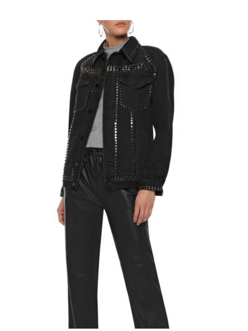 FRAME Stud-Embellished Black Denim Jacket.